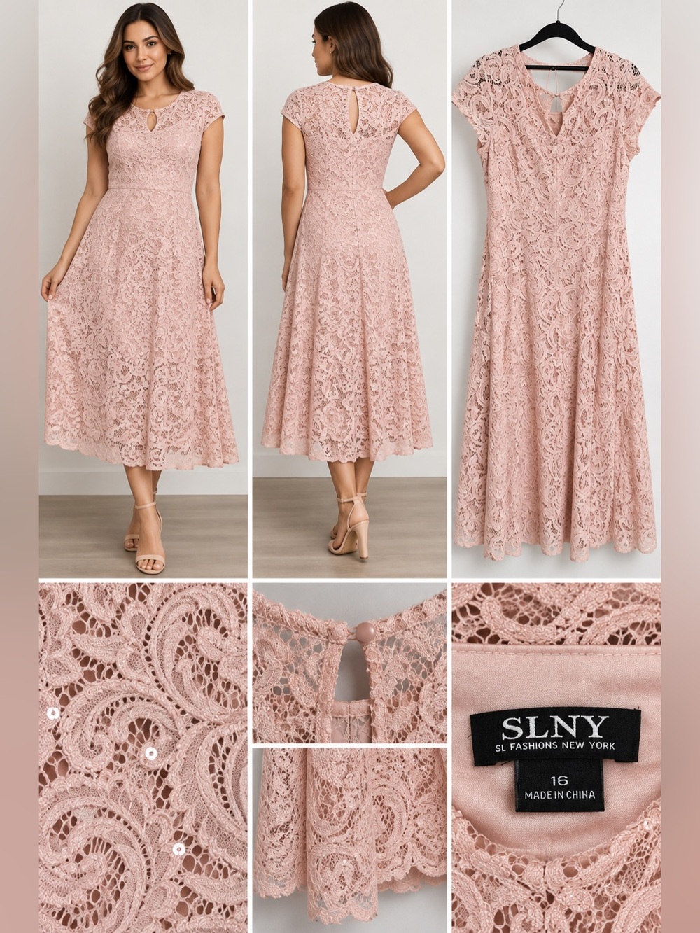 SLNY Blush Pink Lace Sequin Midi Dress Size 16 Elegant Formal